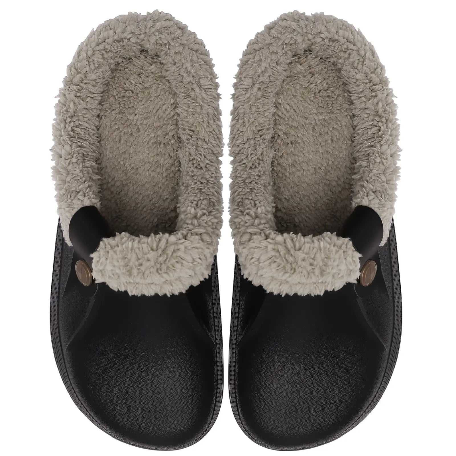 A pair of black clogs with a fluffy, light gray lining. The clogs have a button detail on the side and are viewed from above, showing the interior lining prominently.