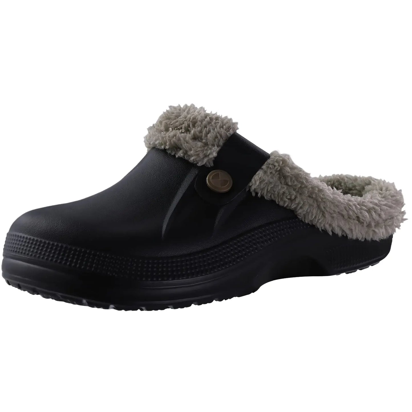 A single slip-on clog of a solid black color. The clog has a fuzzy, beige lining around the opening and a black strap with a button on the side.