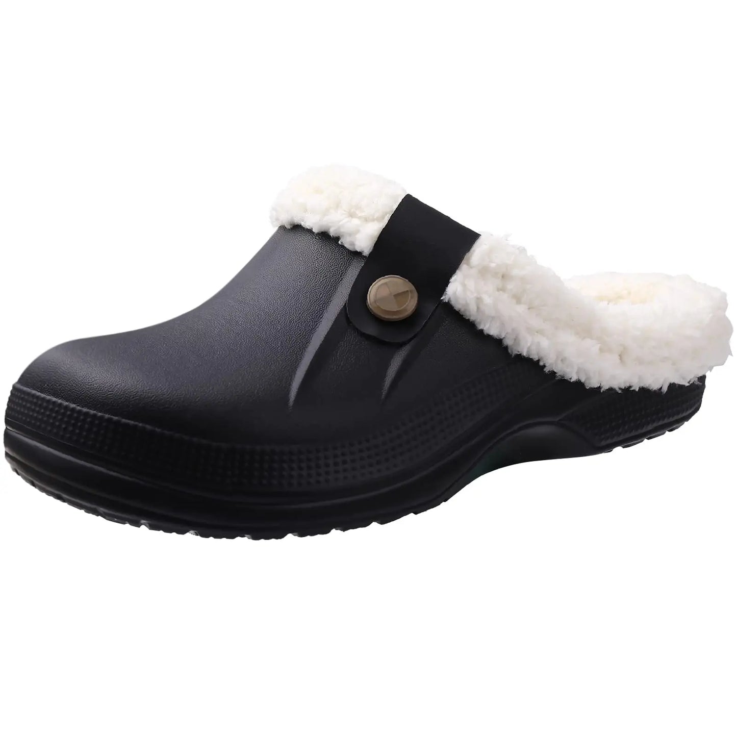 A single slip-on clog of a solid black color. The clog has a fuzzy, white lining around the opening and a black strap with a button on the side.