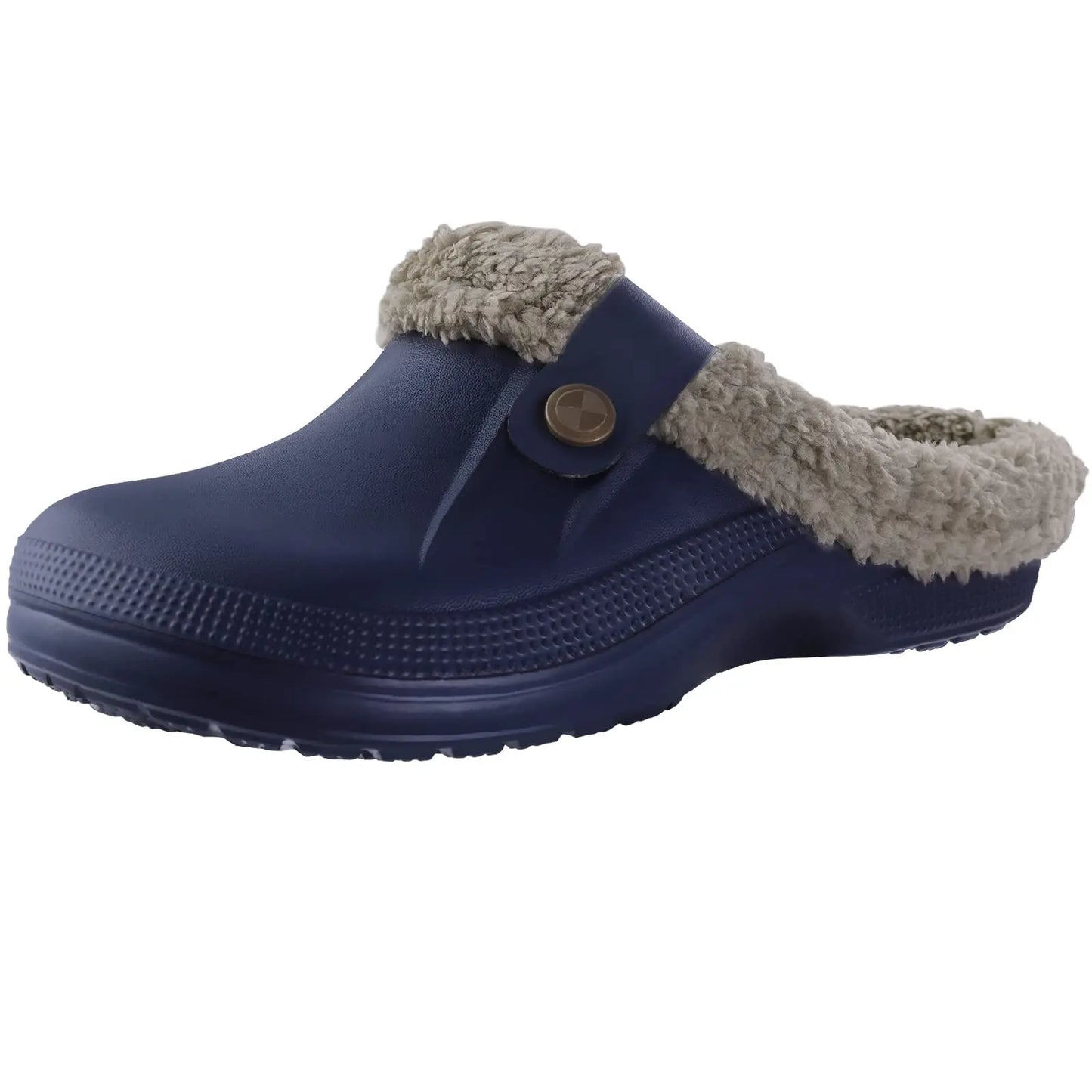 A single slip-on clog of a solid blue color. The clog has a fuzzy, beige lining around the opening and a blue strap with a button on the side.