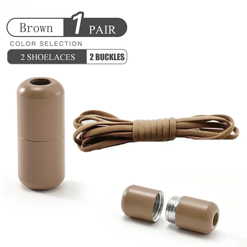 A product image showing a pair of brown shoelaces and two brown buckles. The shoelaces are coiled neatly, and one of the buckles is shown disassembled to display its screw mechanism. The text on the image reads 'Brown 1 Pair, Color Selection, 2 Shoelaces, 2 Buckles.