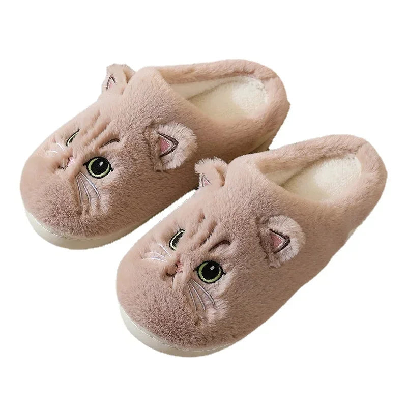 A showcase of the Brown Fuzzy Unisex Cat House Slippers on a white background. This brown is more of a tan beige shade.