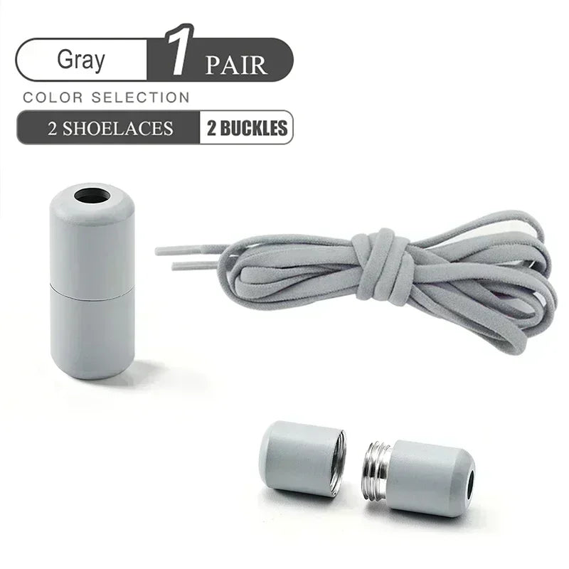 A product image showing a pair of gray shoelaces and two gray buckles. The shoelaces are coiled neatly, and one of the buckles is shown disassembled to display its screw mechanism. The text on the image reads 'Gray 1 Pair, Color Selection, 2 Shoelaces, 2 Buckles.