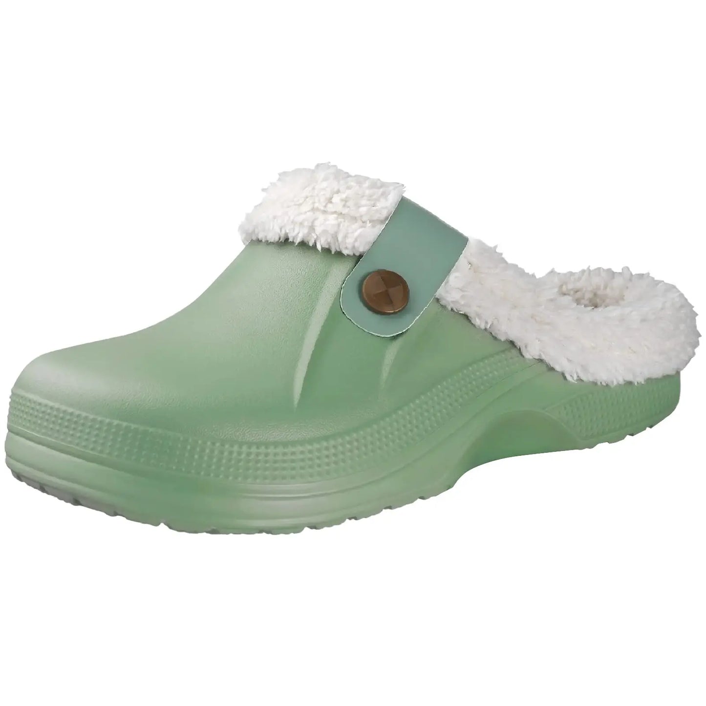 A single slip-on clog of a solid green color. The clog has a fuzzy, white lining around the opening and a green strap with a button on the side.