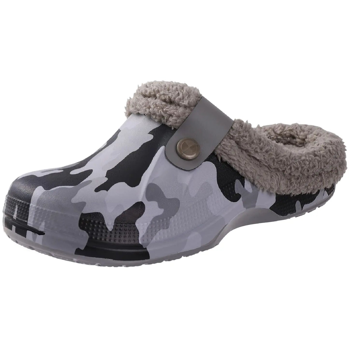 A single slip-on clog with a gray, black, and white camouflage pattern. The clog has a fuzzy, beige lining around the opening and a gray strap with a button on the side.