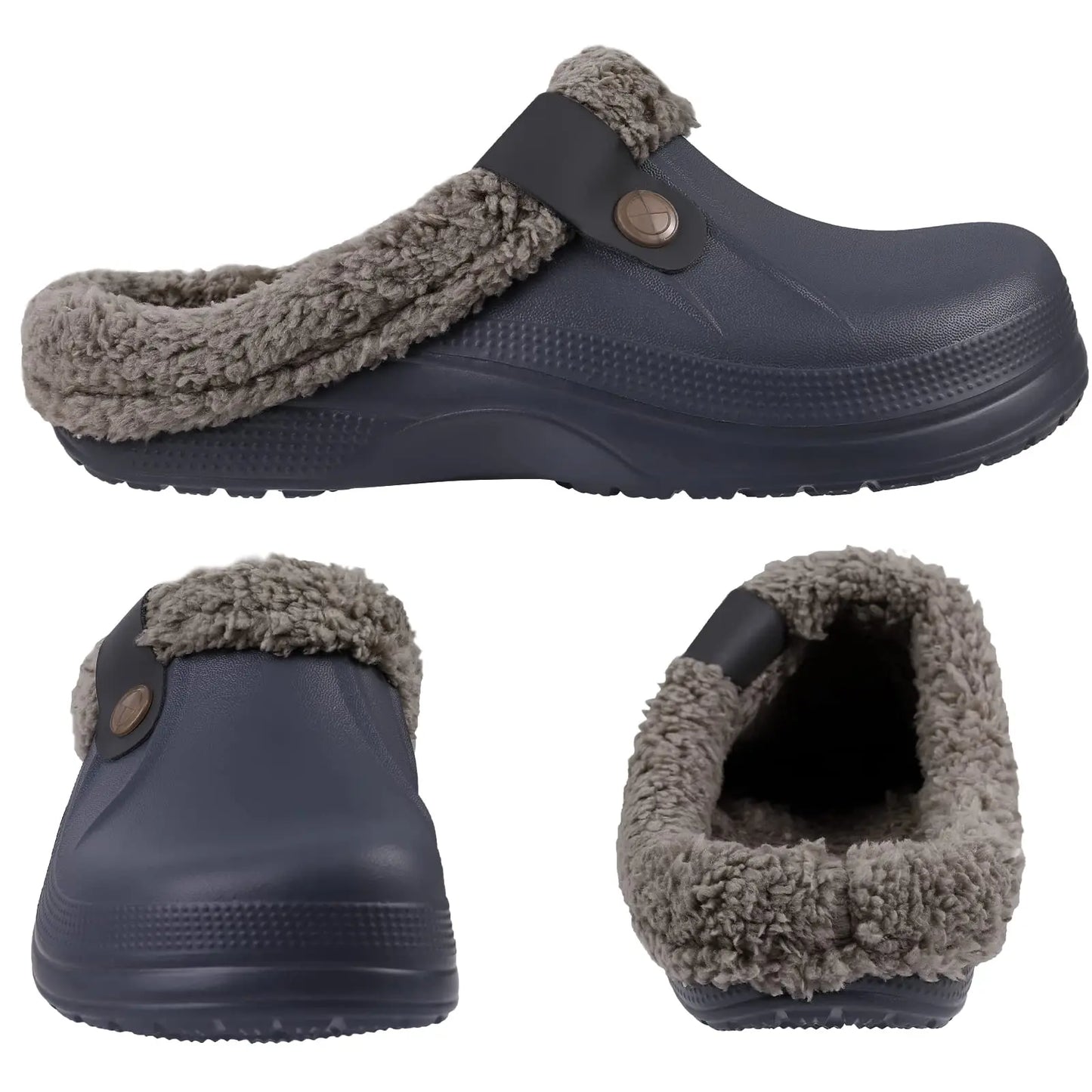 The image shows a pair of cozy, fur-lined clog slippers designed for women in three different angles. These slippers are waterproof and suitable for both garden and home use. They feature a soft plush interior, making them comfortable for indoor and outdoor wear.