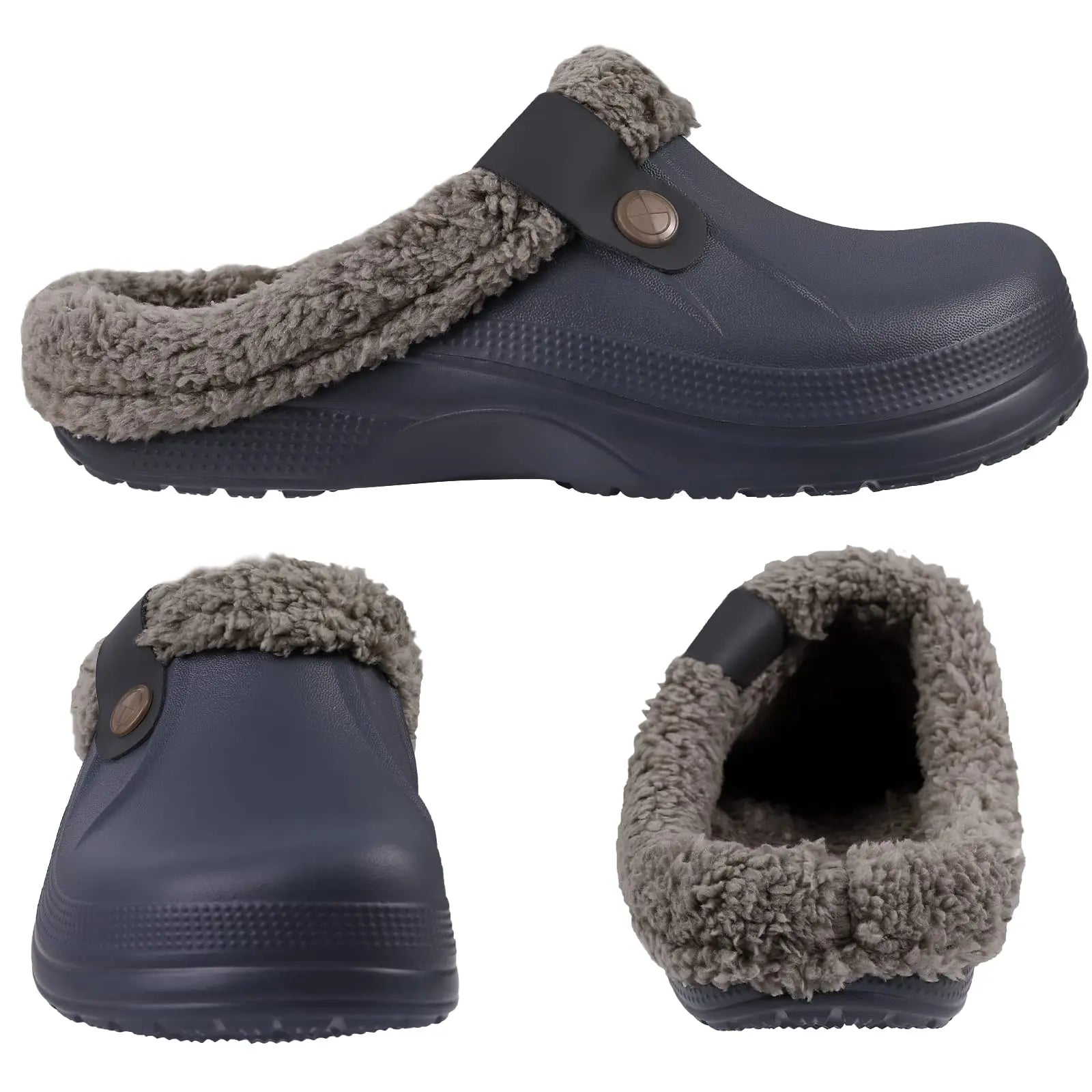 The image shows a pair of cozy, fur-lined clog slippers designed for women in three different angles. These slippers are waterproof and suitable for both garden and home use. They feature a soft plush interior, making them comfortable for indoor and outdoor wear.