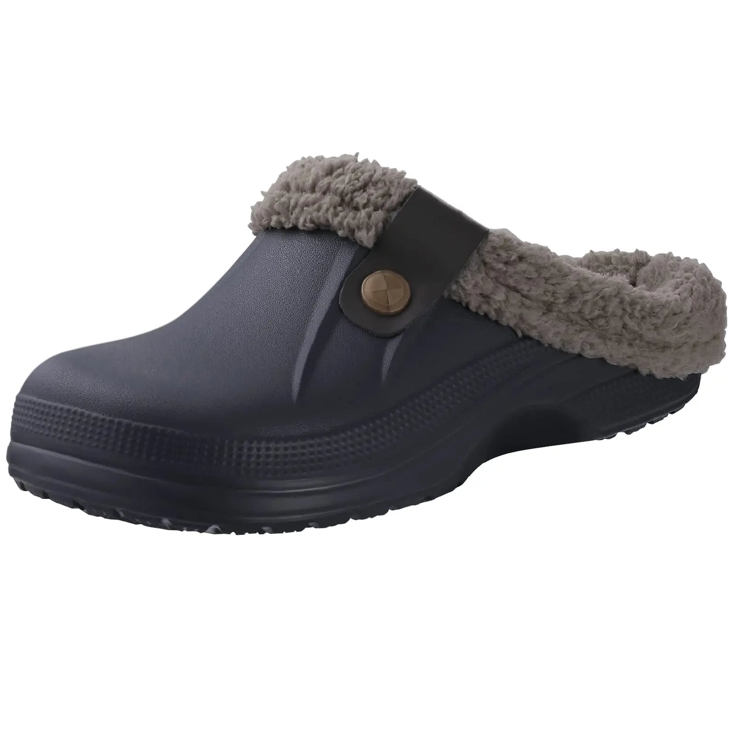 A single slip-on clog of a solid grey color. The clog has a fuzzy, beige lining around the opening and a gray strap with a button on the side.