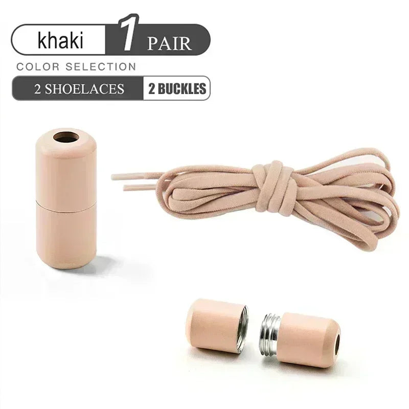 A product image showing a pair of khaki shoelaces and two khaki buckles. The shoelaces are coiled neatly, and one of the buckles is shown disassembled to display its screw mechanism. The text on the image reads 'Khaki 1 Pair, Color Selection, 2 Shoelaces, 2 Buckles.