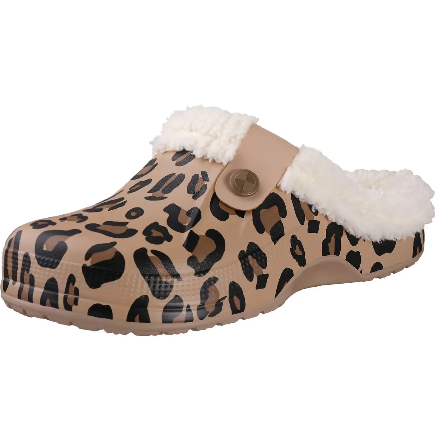 A single slip-on clog with a brown, beige, and black leopard pattern. The clog has a fuzzy, white lining around the opening and a beige strap with a button on the side.