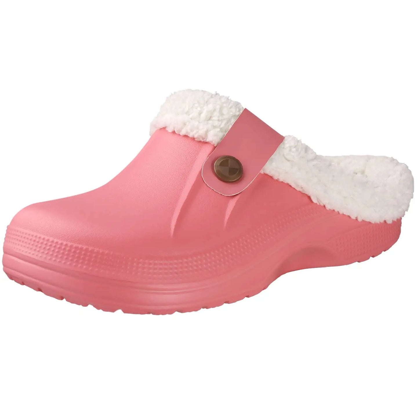 A single slip-on clog of a solid pink color. The clog has a fuzzy, white lining around the opening and a pink strap with a button on the side.