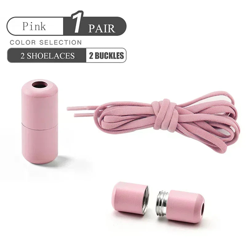 A product image showing a pair of pink shoelaces and two pink buckles. The shoelaces are coiled neatly, and one of the buckles is shown disassembled to display its screw mechanism. The text on the image reads 'Pink 1 Pair, Color Selection, 2 Shoelaces, 2 Buckles.