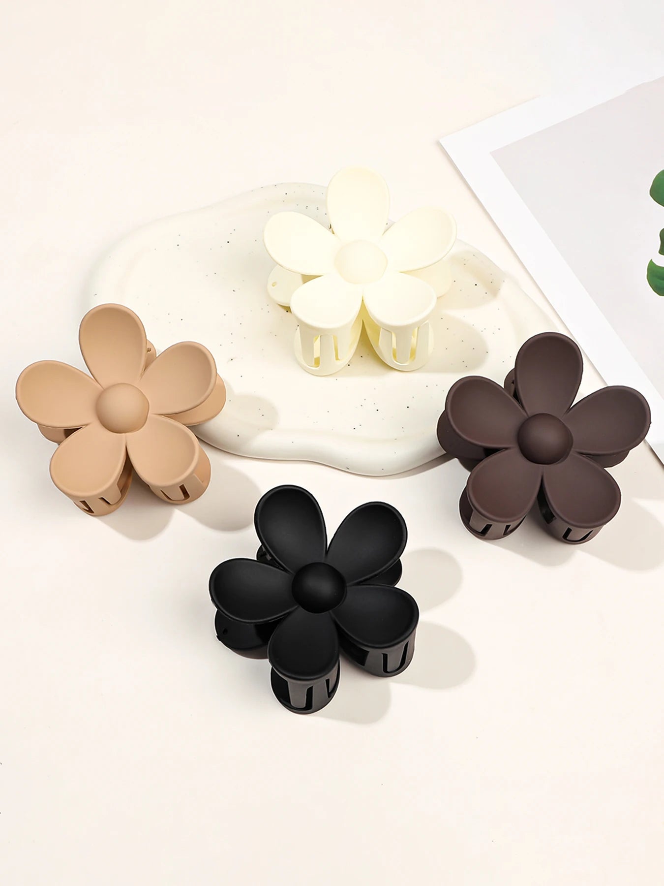 Sweet Flower Scrunchie Hair Clip Set - 4 Neutral Colors, Elegant Floral Design