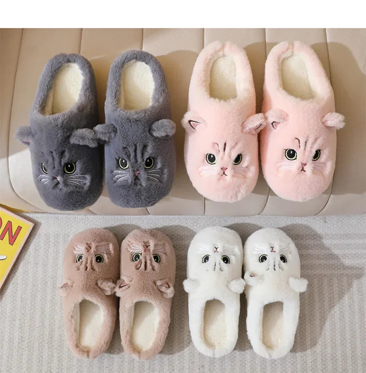 A showcasing of four of the Fuzzy Cat Unisex House Slippers lined up in a quad square in the colors gray, pink, brown, and white in a living room setting.