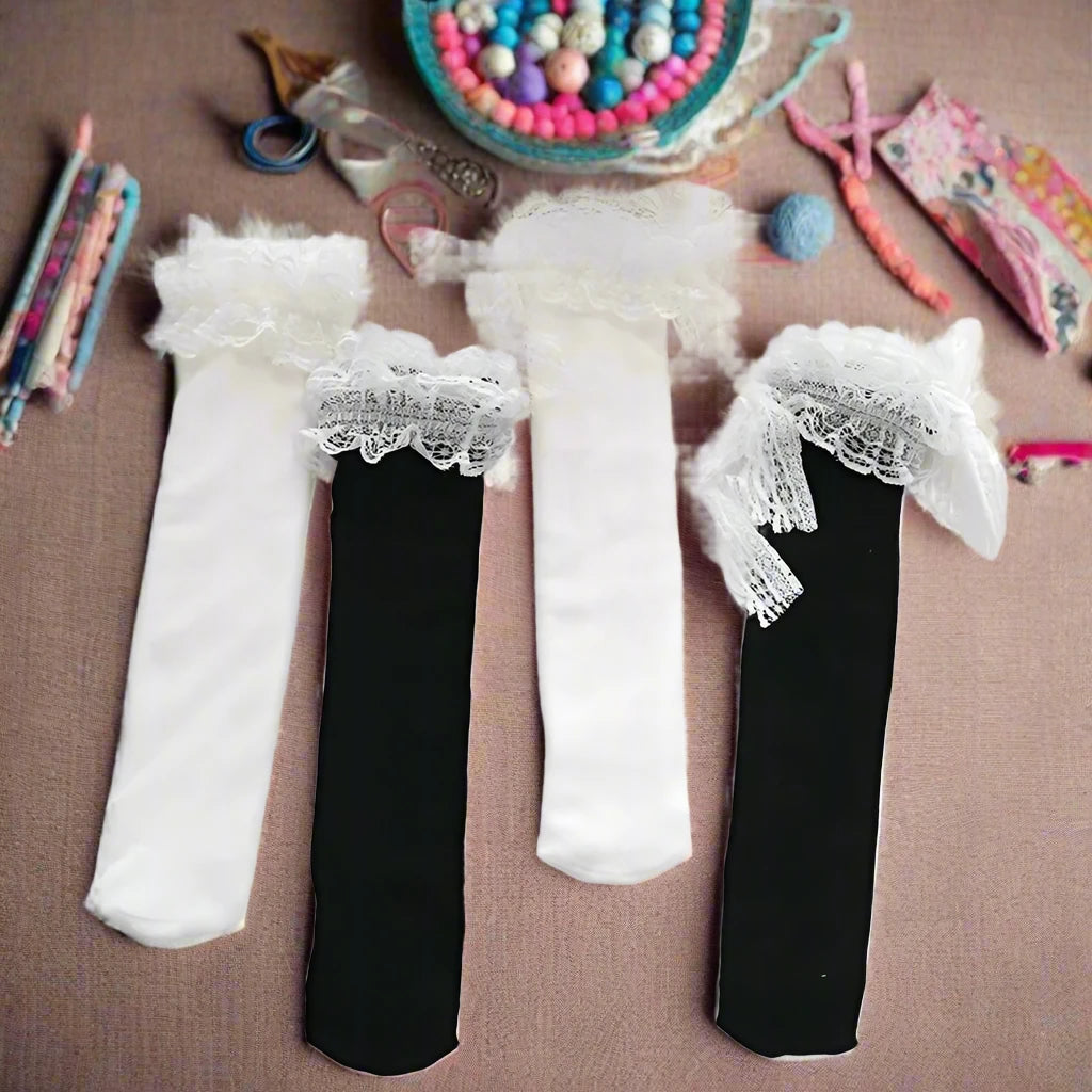 A showcasing of both the black and the white version of the Lace Socks