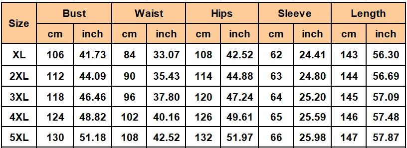 Size chart for the long sleeved plus size ruffle shoulder jumpsuit for the size XL through 5XL.