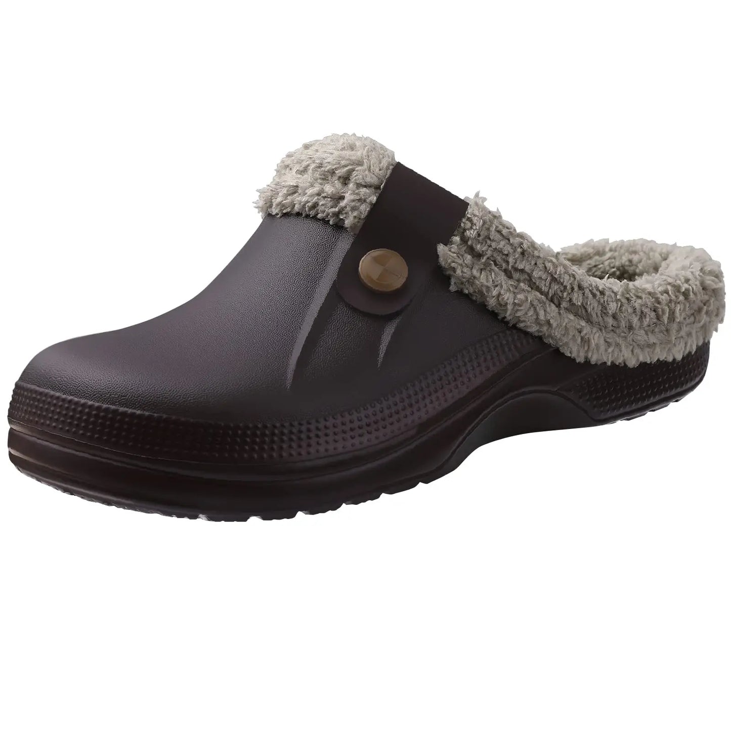 A single slip-on clog of a solid walnut color. The clog has a fuzzy, beige lining around the opening and a walnut colored strap with a button on the side.