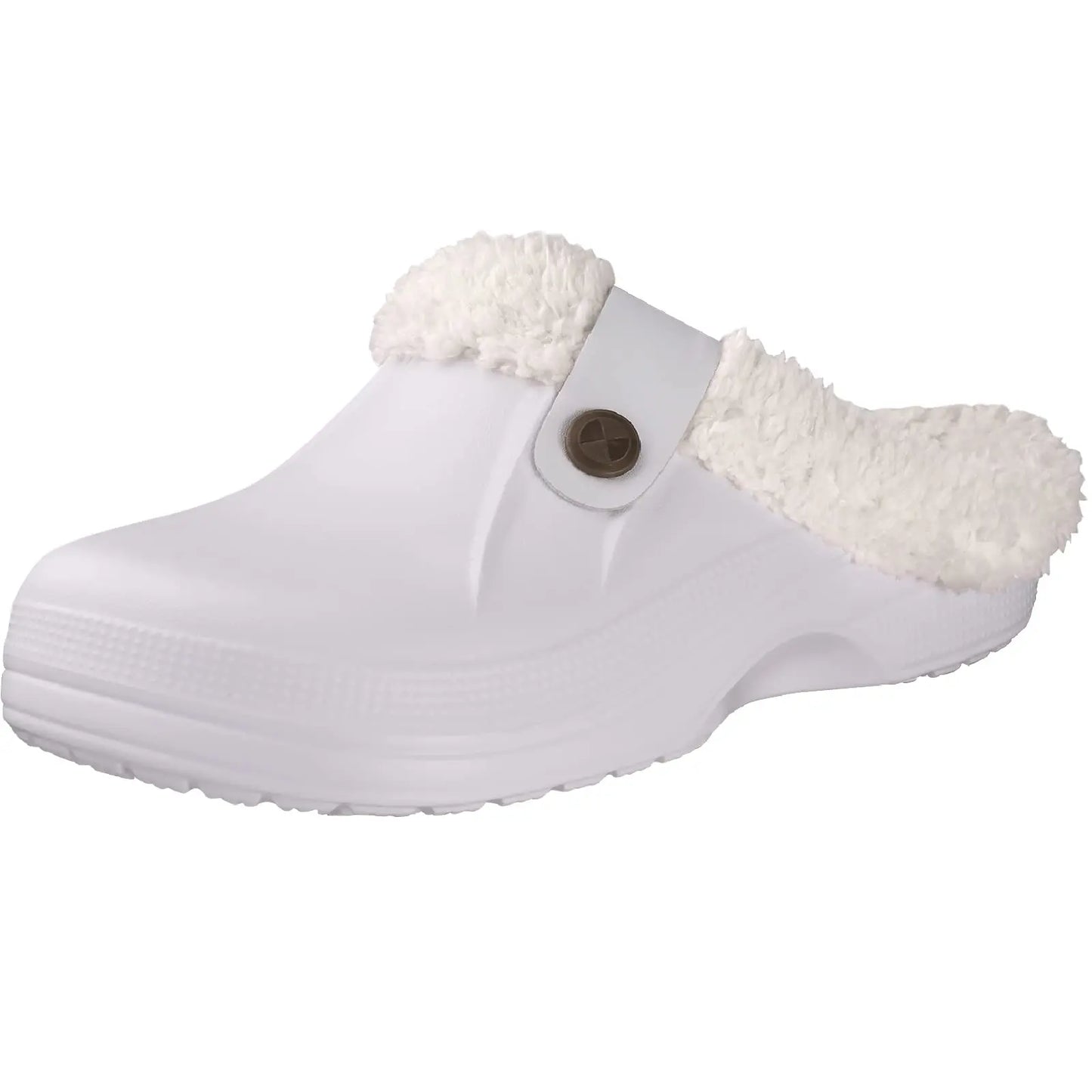 A single slip-on clog of a solid white color. The clog has a fuzzy white lining around the opening and a white strap with a button on the side.