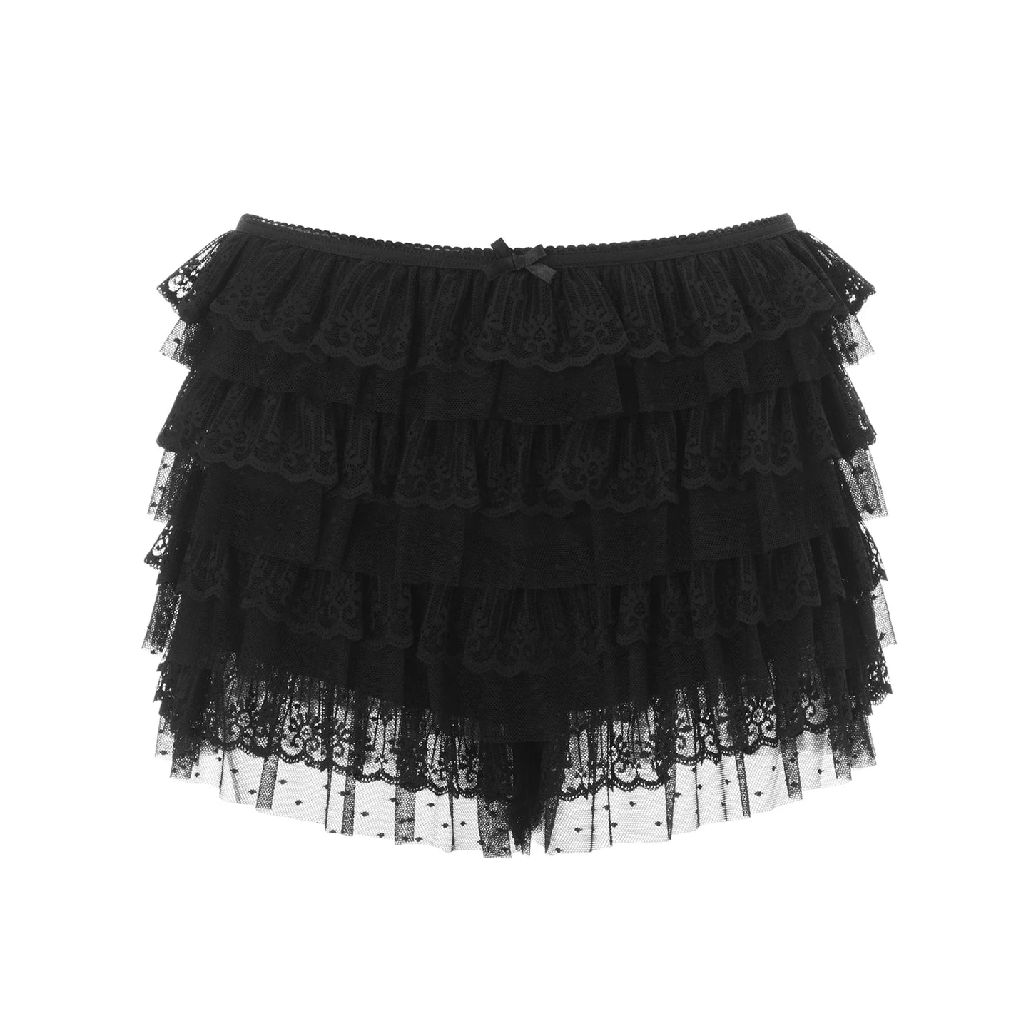 front view of black ruffled bloomers